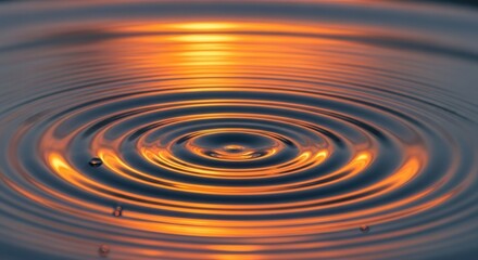 Water ripples spread across a dark surface reflecting an intense orange light Small droplets hover above the liquid