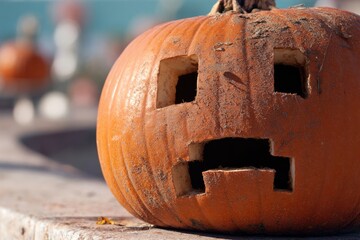 Carved halloween pumpkin showing a grimace on a sunny day