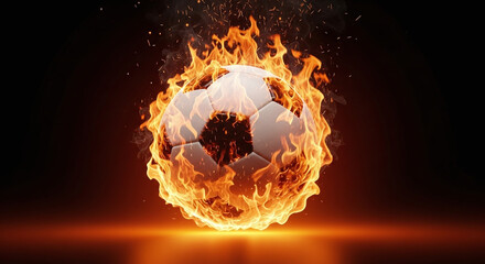 Soccer ball engulfed in flames on a black background with intense orange glow.