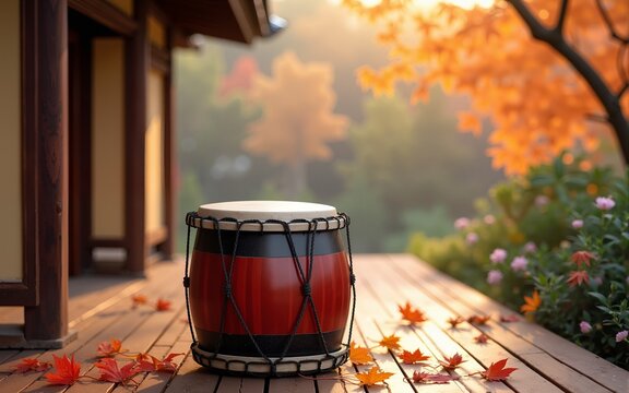 Korean traditional drum on wooden porch surrounded by autumn leaves, Chuseok. High quality