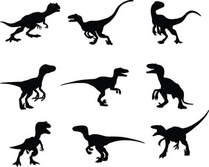 Dinosaur silhouettes, theropod icons, prehistoric creatures, sharp claws, bipedal predators, fossil shapes, ancient reptiles, roaring, wild, extinct, Jurassic, anatomy, tail, teeth, carnivore