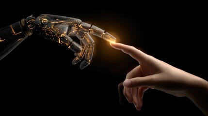 Naklejka premium Futuristic robotic hand reaching out to touch human finger with glowing light interaction in a high-tech digital concept scene