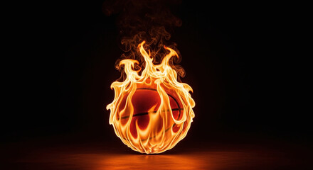 Basket ball engulfed in flames on a black background with intense orange glow.