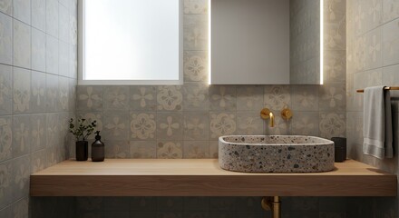 restroom design with terrazzo sink and oak floating vanity
