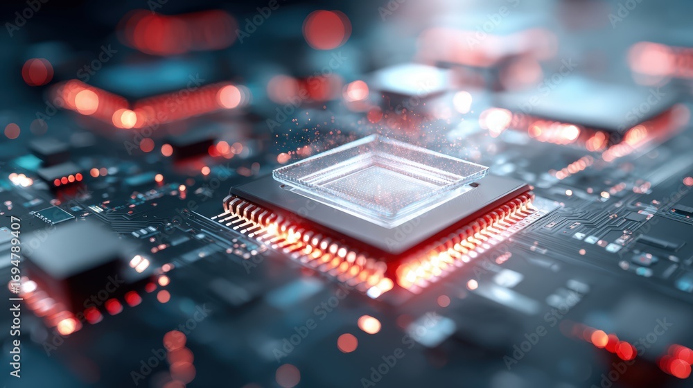 Aufkleber close-up of a modern computer microchip mounted on a circuit board with glowing electronic component