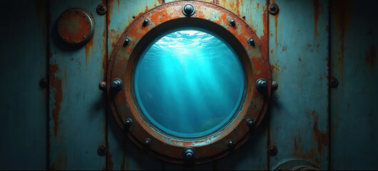 Circular submarine porthole with rusty frame reveals deep blue underwater ocean view. Sunbeams pierce water, creating vintage nautical ambiance. This maritime scene suggests adventure and exploration.