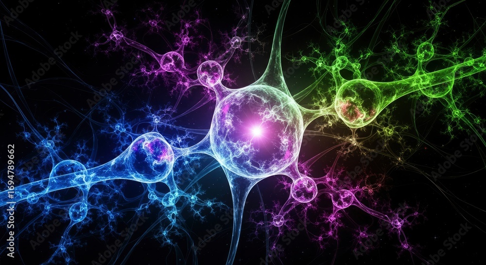 Poster interconnected glowing abstract cellular structures in a spectrum of blue purple and green against a