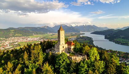 Panoramic view of a medieval castle nestled atop a hill overlooking a valley, a lake, and mountains