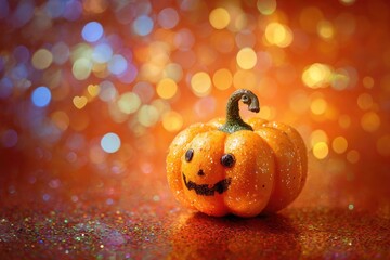 Smiling halloween pumpkin decoration on glittering orange background with bokeh