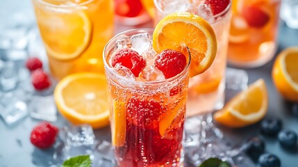 Refreshing Fruit Infused Sparkling Drinks with Raspberries, Orange, and Ice on Grey