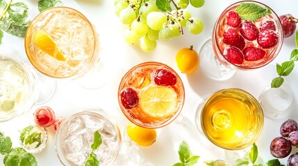 Refreshing Variety of Fruity Cocktails with Ice and Fresh Grapes on White Background