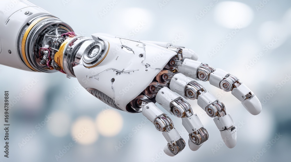 Poster highly detailed robotic hand with intricate mechanical and electronic components reaching forward in