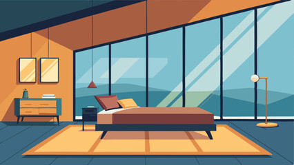 A loft bedroom with a platform bed and floortoceiling windows. © Justlight
