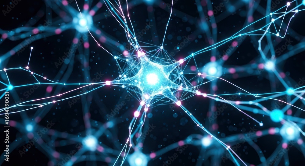 Poster interconnected network of glowing nodes and lines featuring a bright star-shaped center on a dark ba