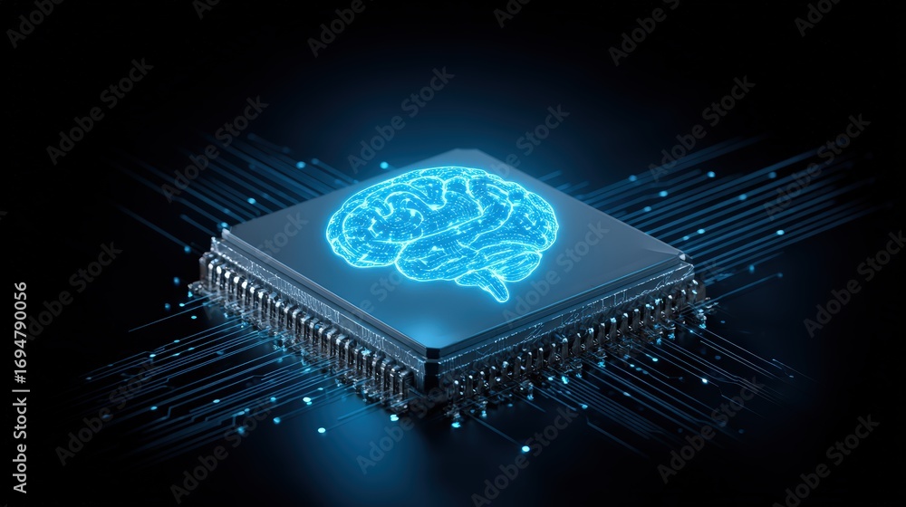 Poster high tech computer chip with illuminated brain graphic representing artificial ligence and advanced 