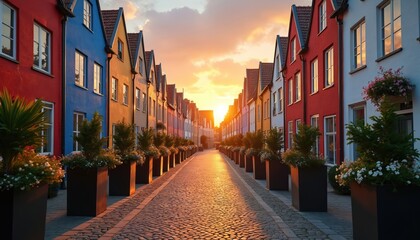 Cobblestone street lined with colorful houses at sunset. Charming town scenery with quaint architecture, blooming flowers, peaceful atmosphere. Evening light reflects on historic buildings, creating
