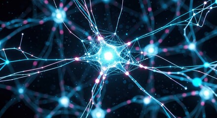 Interconnected network of glowing nodes and lines featuring a bright star-shaped center on a dark background