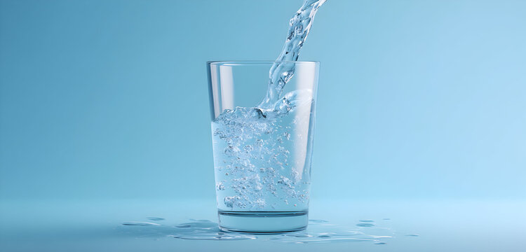 Crystal clear water pouring into a pristine glass creating refreshing bubbles and dynamic splashes against a vibrant blue backdrop, perfect for health and wellness campaigns.
