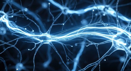 Interconnected neural-like structures with bright blue energetic pathways traversing a dark expansive network illustrating complex biological communication
