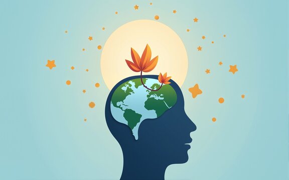 Mental health concept vector illustration. World mental health day. Flower plant growing in brain flat design. Brain and mind care. High quality