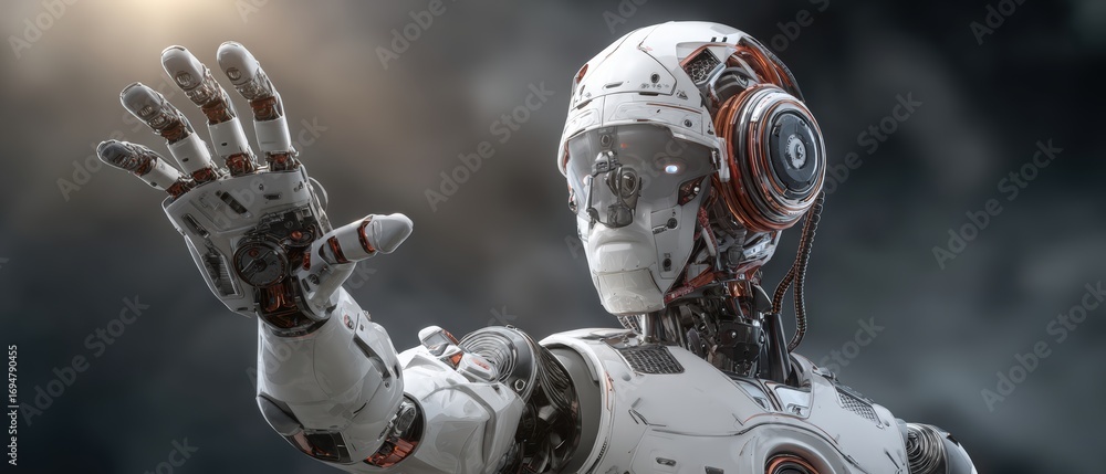 Poster highly detailed futuristic robot with advanced artificial ligence and intricate mechanical design in