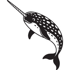 Vector art of stylized black and white illustration of a narwhal with its tusk, , depicting a marine mammal with spots and a fluke © Ahmed