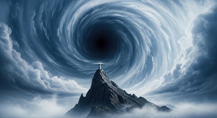 A lone figure stands atop a jagged mountain peak facing a colossal swirling vortex of dark clouds above