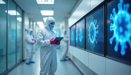 Scientists in protective suits conduct research on coronavirus in modern laboratory. One scientist uses tablet, examining virus data displayed on monitors. Team works in sterile hallway, ensuring