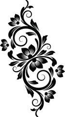 Decorative floral ornamental swirl with blooming flowers and elegant curves in black silhouette style, isolated on white background, perfect for vintage design, textile, and wallpaper.