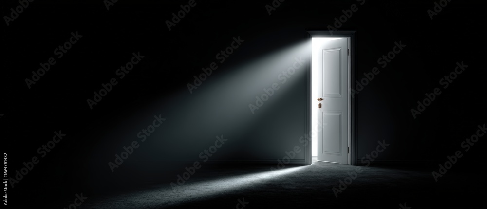 Poster bright light shining through an open door illuminating a dark room with dramatic shadows creating a 