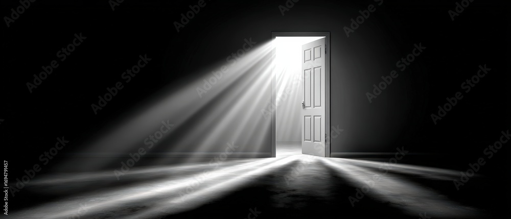 Poster mysterious open door with bright light shining through creating dramatic shadows in a dark room symb