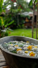 Serene Outdoor Spa Bath Flowers and Citrus Floating in Water, Relaxing Tropical
