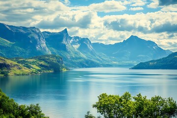 Serene Mountain Lake Landscape Lush Green Hills, Jagged Peaks, Reflective Waters, and Cloudy Sky