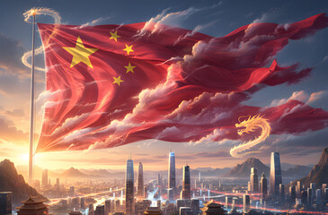 China flag in clouds over futuristic city with golden dragon at sunset