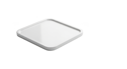 Square white tray with rounded corners isolated on transparent background, simple and elegant