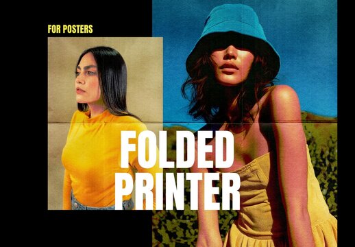 Retro Folded Printer Poster Photo Effect Mockup