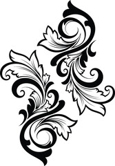 Mirrored elegant black and white floral flourish vector illustration, symmetrical vintage baroque ornament with filigree scrolls, decorative art design for graphic projects.