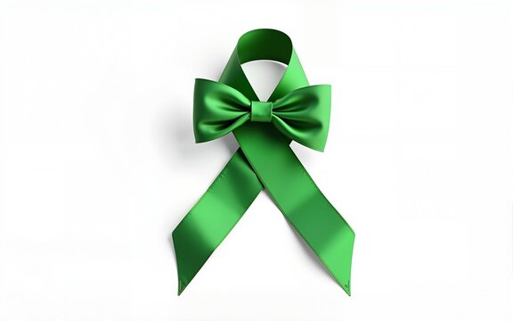 Green ribbon for gallbladder and bile duct cancer awareness month in February, bipolar disorder, mental health illness with kelly green bow isolated on white background with clipping path