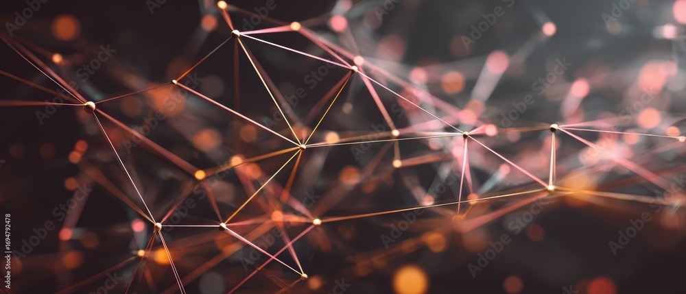 Poster abstract digital network with interconnected glowing lines and points in vibrant shades of orange pi