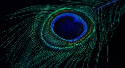 Obraz premium Detailed close up of a vibrant peacock feather against a dark black background
