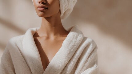 Elegant spa day self-care concept with woman in bathrobe and towel wrap