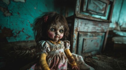 Eerie abandoned doll in decaying room for halloween decor and creepy themes