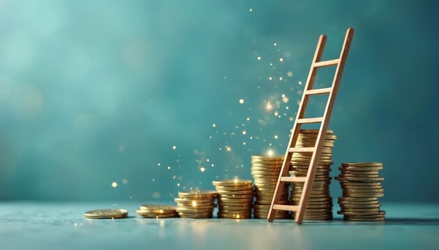 Wooden ladder rests on stacks of golden coins, financial growth, economic progress. Concept art illustrates rising profits, investment success, market advancement. Sparks, bokeh lights add magical