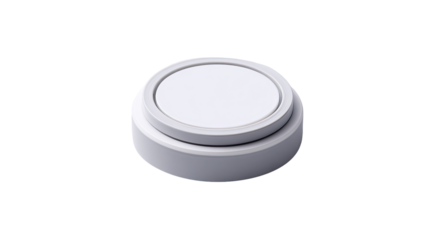 White, circular button; slightly raised center; simple, solid design