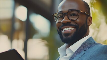 Smiling African American Man with Glasses, White Shirt, and Blue Jacket Close Up