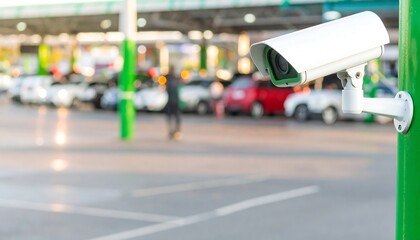 Obraz premium Security camera watching over parking lot with blurred cars in background