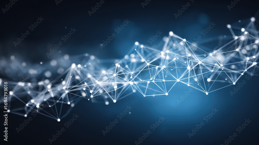 Poster abstract digital network visualization with interconnected lines and glowing points representing tec