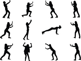 Human silhouette collection, dynamic body poses, expressive movement icons, black vector illustration, physical gesture design, action, motion, strength