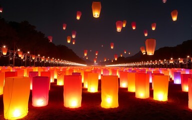 A colorful Korean lantern festival with lanterns of various shapes and sizes lighting up the night sky. High quality