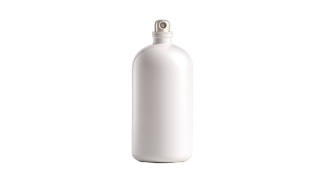 White, opaque bottle with spray top.  Bottle is vertically oriented,  smooth,  and full